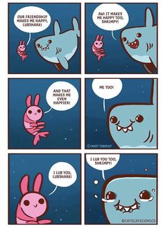 comic strip with an image of a shark and other animals in the ocean, one is saying