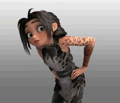 the animated character is posing with her arms behind her back and arm extended to the side