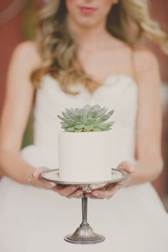 a woman holding a white cake with a succulent on top