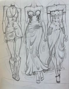 three women's dresses are shown in this sketching book, one is drawn and the other is made out of paper