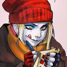 a drawing of a woman with long blonde hair wearing a red beanie and holding a cell phone