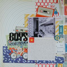 an altered collage with various pictures and words on it's side, including the word boys