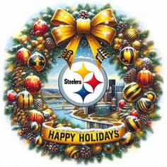 a christmas wreath with the pittsburgh football team on it