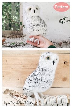 an owl made out of yarn sitting on top of a piece of wood