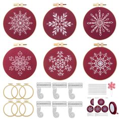 the snowflakes are on display in different sizes and shapes, along with other accessories