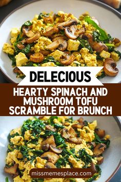 two plates with scrambled eggs and spinach on them, one has mushrooms in it