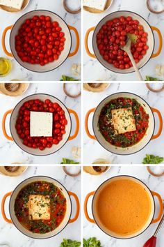 four pictures showing how to make tomato soup with tomatoes and cheese in the pans