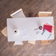 Bird's eye view of a white laminate 30x60 table Table Leg Brackets, School Table, Homeschool Space, Projects School, School Tables, Large Tables, Kids Stool, Montessori School, Study Sessions