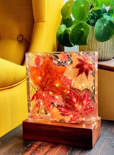 a glass block with autumn leaves on it