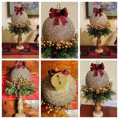 four different pictures of a christmas tree with ornaments on it