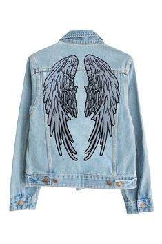 a denim jacket with angel wings on the front and back, in light blue tones