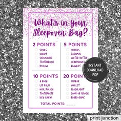 what's in your sleepover bag? printable purple and silver confetti