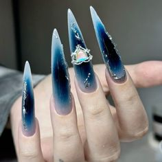 Blue Stilleto Nail Design, Gothic Blue Nails, Blue Goth Nails, Blue Stiletto Nails Design, Blue Stiletto Nails, Harry Potter Nail Art, Stilleto Nails Designs, Sharp Nails, Maroon Nails