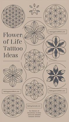 the flower of life tattoo idea book is shown in black and white, with different designs