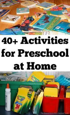 the words 40 - activities for preschool at home on top of a pile of books