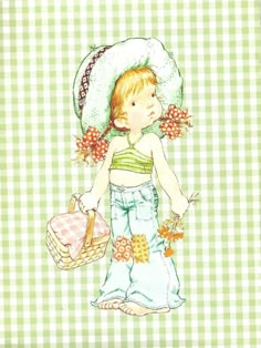 a drawing of a little boy holding a basket and flowers in his hand while standing on a checkered background