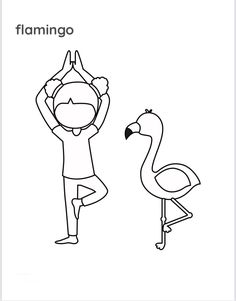 a man standing next to a flamingo on top of a chair with his hands in the air