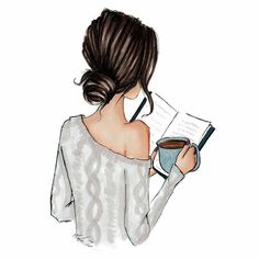 a drawing of a woman reading a book and holding a cup of coffee in her hand