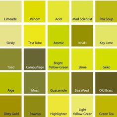 the color chart for different shades of green and yellow, with text that reads colors in each