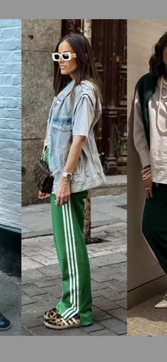 Adidas Jogger Outfits Women, Sporty Chic Street Style, Adibreak Pants Outfit Women, Black Slacks Outfit Casual Street Styles, Green Adidas Pants Outfit, How To Style Adidas Pants, Styling Samba Women, Sporty Chic Outfits Street Fashion, Athlesiure Fits Women