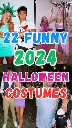 people dressed up in costumes and posing for the camera with text that reads, 22 funny 2024 halloween costumes