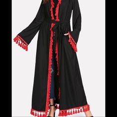 Beautiful Abaya From Dubai Runway. Brand New. One Of A Kind. Fits Upto A Size Large. Bohemian Black Long Robe, Bohemian Long Black Robe, Black Long Bohemian Robe, Long Black Bohemian Robe, Black Long Abaya For Spring, Long Black Abaya For Spring, Spring Black Long Abaya, Long Black Spring Abaya, Black Long-sleeved Outerwear With Tassels