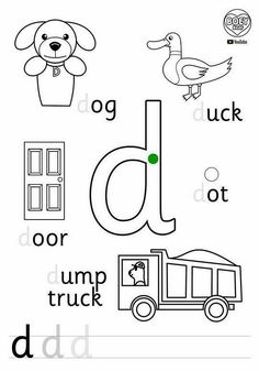 the letter d is for duck and dump truck coloring page with an image of a dog,