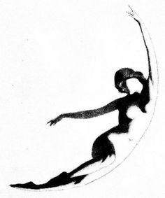 a black and white drawing of a woman in the air with her arms outstretched, holding a tennis racket