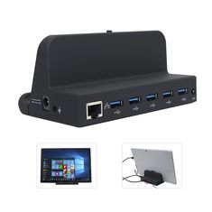 an image of a black docking station with multiple ports and usb devices attached to it