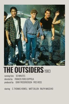 an advertisement for the movie the outsides, featuring four men standing in front of a river