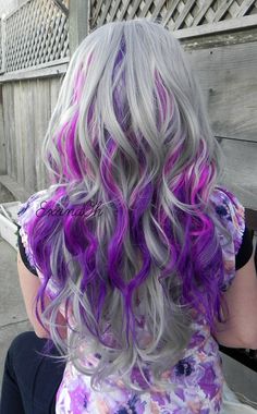 Different Hair Colors Ideas, Gray And Red Hair, Grey Rainbow Hair, Gray Hair With Rainbow Highlights, Grey Hair With Rainbow Highlights, Silver Purple Pink Hair, White Hair With Rainbow Highlights, Pink And Purple Raccoon Tail Hair, Fall Winter Hair Color