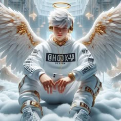 an angel sitting on top of a cloud filled with white wings and gold chains around his ankles