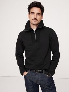 This half-zip sweatshirt employs a special fabric that is brushed inside for ultimate softness, while remaining flat on the exterior so it looks more dressed-up.  Standard fit.  Stand collar with zip closure.  Straight hem.  Standard fit.  Long sleeves.  Hip length.  Model: Size M, 6'2" (188cm). Modern Half-zip Tops For Fall, Fleece Sweatshirt With Zipper Closure And Long Sleeves, Winter Half-zip Sweatshirt With Ribbed Cuffs, Fall Half-zip Track Jacket With Zipper, Black Sweatshirt With Funnel Neck And Ribbed Collar, Winter Half-zip Sweatshirt With Ribbed Collar, Fall Half-zip Sweatshirt With Ribbed Collar, Casual Black Half-zip Sweatshirt, Long Sleeve Fleece Sweatshirt With Zipper Closure