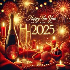 happy new year wishes for friends and family with champagne, candles and christmas decorations on a festive background