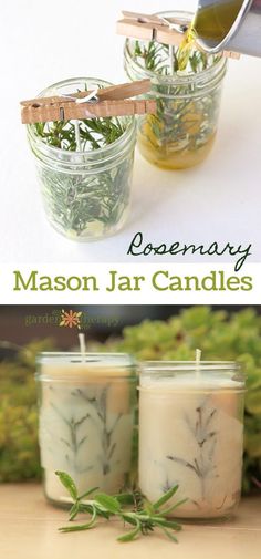 two mason jar candles with rosemary in them and the words rosemary written on each candle