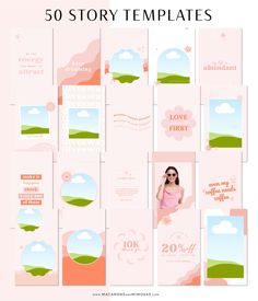 the 50 story templates are displayed in pink and green colors with clouds, mountains, and