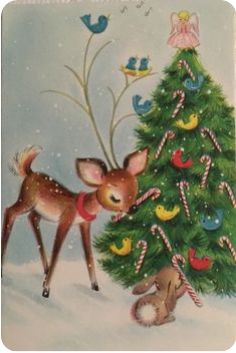 a christmas card with a deer and a tree in the snow next to a teddy bear