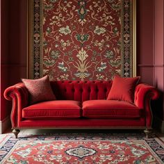 a red couch sitting in front of a wall with a mirror on top of it