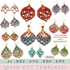 an assortment of laser cut earrings