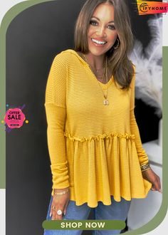 Yellow V Neck Drop Shoulder Hooded Flowy Top with Frill Ruffle Pattern, Lisa Fischer, Bohemian Wedding Dress Lace, Loungewear Fashion, Casual Bottoms, Formal Cocktail Dress, Babydoll Style, Hooded Top, Flowy Top