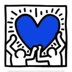 a blue heart being held by two hands in front of a white square with the word love