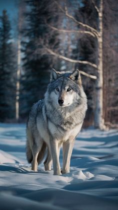 a wolf standing in the snow with trees in the background