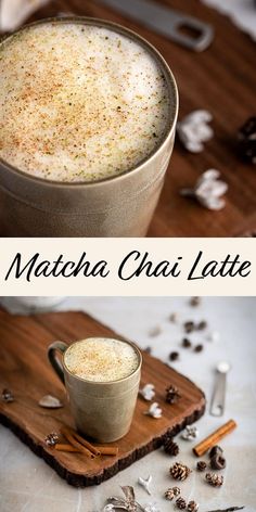 matcha chai latte in a mug on a cutting board