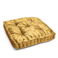 an image of a square cushion that is made out of gold colored velvet fabric with ruffles on the edges