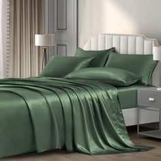 PRICES MAY VARY. 6 PIECES SILKY SATIN BED SHEET SET - Luxury satin sheets queen set includes 1 x Deep Pocket Fitted Sheet (60" x 80" + 16"), 1 x Flat Sheet (90" x 102"), 4 x Pillowcases (20" x 30"). Deep pocket fitted sheet with elastic all around, suitable for 14" to 16" deep mattress. P Pothuiny have collected everything you need to upgrade your bedding, these are some of the softest and most affordable sheets you will ever find. TOP QUALITY CONSTRUCTION - Woodland Green Silky Satin Sheets is Full Bed Sheets, Satin Bed, Silk Bed Sheets, Twin Bed Sheets, Bamboo Sheets Bedding, Queen Bed Sheets, King Bed Sheets, Luxury Bed Sheets, Satin Bedding