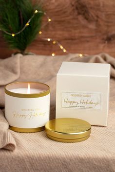 gold tin candle lit with a cozy blanket, string lights, and a happy holidays gift box Friendsgiving Inspiration, Perfect Gift Basket, Friendsgiving Decorations, Cozy Candles, Support Women, Hand Poured Soy Candles