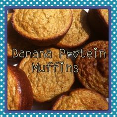 banana protein muffins on a blue and white polka dot background