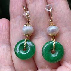 This Is A Gorgeous Pair Of Imperial Green Jade, Cultured Freshwater Pearl And Gold Tone Drop Earrings. The Pearls High Quality And Have A Thick Nacre. The Jade Is Color Enhanced And Polymer Infused To Give It Structural Strength And The Color Of The Much Sought After Imperial Green Jade. The Hoops And The Rest Of The Earrings Are Made Of Gold Tone Base Metal (Probably Gold Plated But Since They Are Not Stamped, I’m Selling Them As Gold Tone). New In Box. Affordable Jade Bead Earrings, Green Jade Beaded Drop Earrings, Green Jade Earrings With Gemstone Beads, Vintage Green Earrings With Dangling Beads, Vintage Green Jade Earrings, Vintage Jewelry Earrings, Enamel Stud Earrings, Triangle Earrings Stud, Swirl Earrings