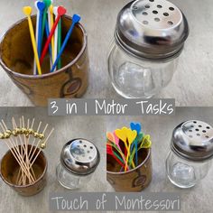 there are many different things in the glass jar with toothbrushes and spoons