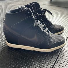 Wedge Nikes. Size 7.5 But Fit More Like A 7 Sky High, Shoes Nike, Womens Shoes Wedges, Nike Dunk, Nike Black, Nike Dunks, Black Nikes, Nike Shoes, Nike Women